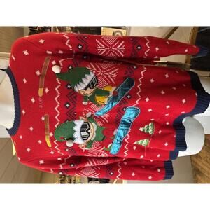 Boy's ugly festive Christmas snowboarding elves sweater XL